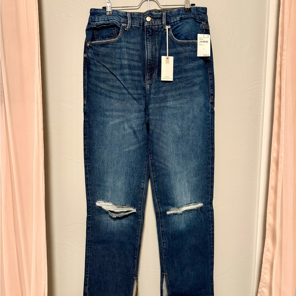 Good American Dark Blue Distressed Straight Leg Jeans